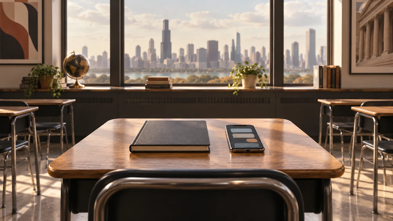 Conceptual illustration of a smartphone and notebook on an empty classroom desk overlooking an abstract Chicago skyline.
