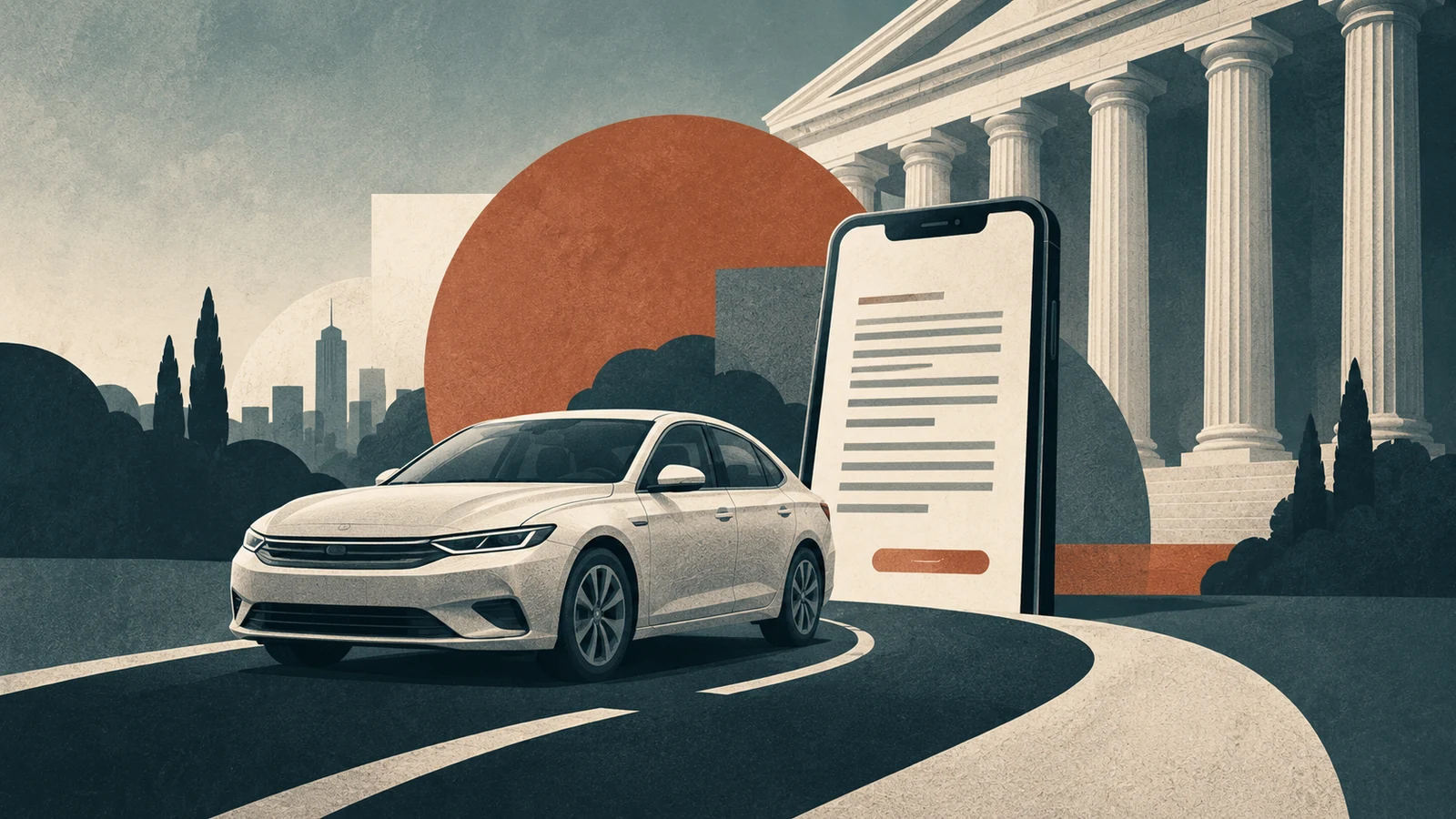 Editorial illustration of an unbranded rideshare car, smartphone contract, and courthouse columns.