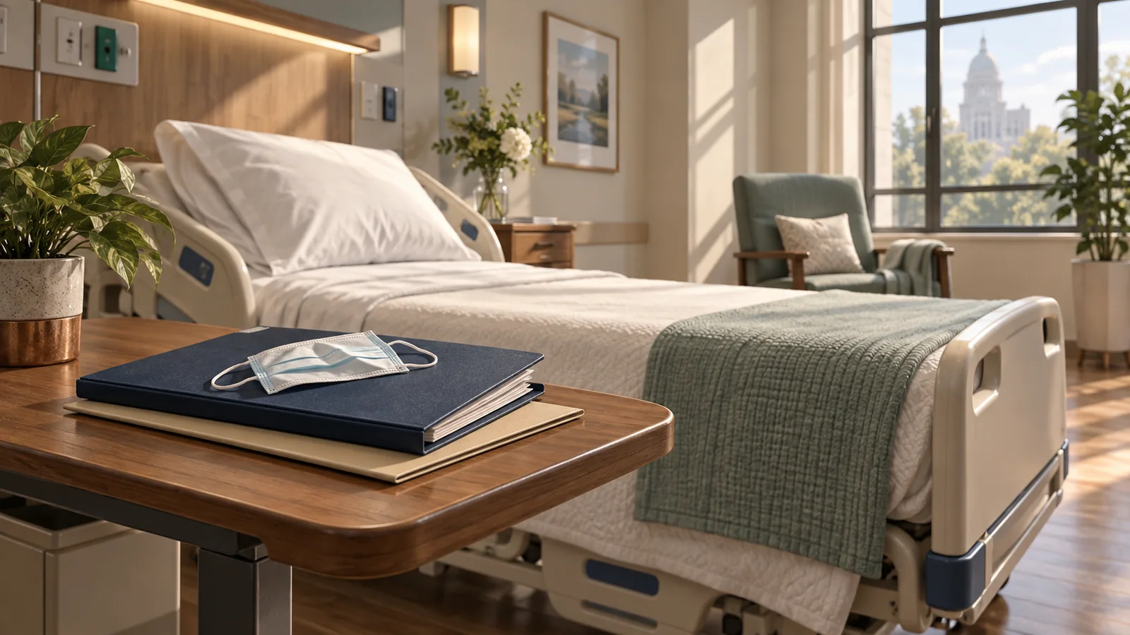 An empty rehabilitation room with a neatly made bed, a closed medical chart, and a surgical mask in soft daylight.
