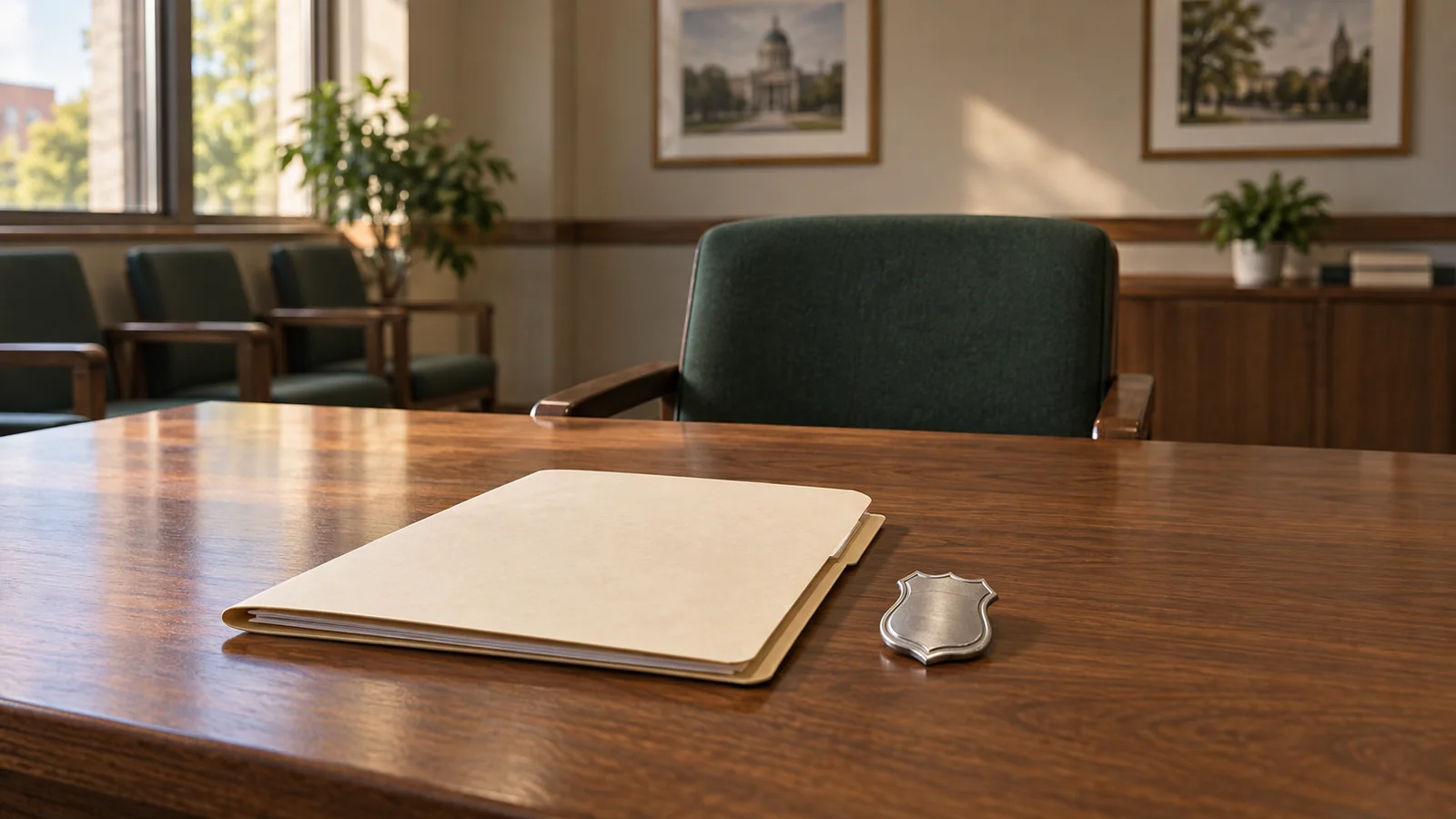 A closed case file and an unmarked police badge on a wood table in an empty municipal hearing room.