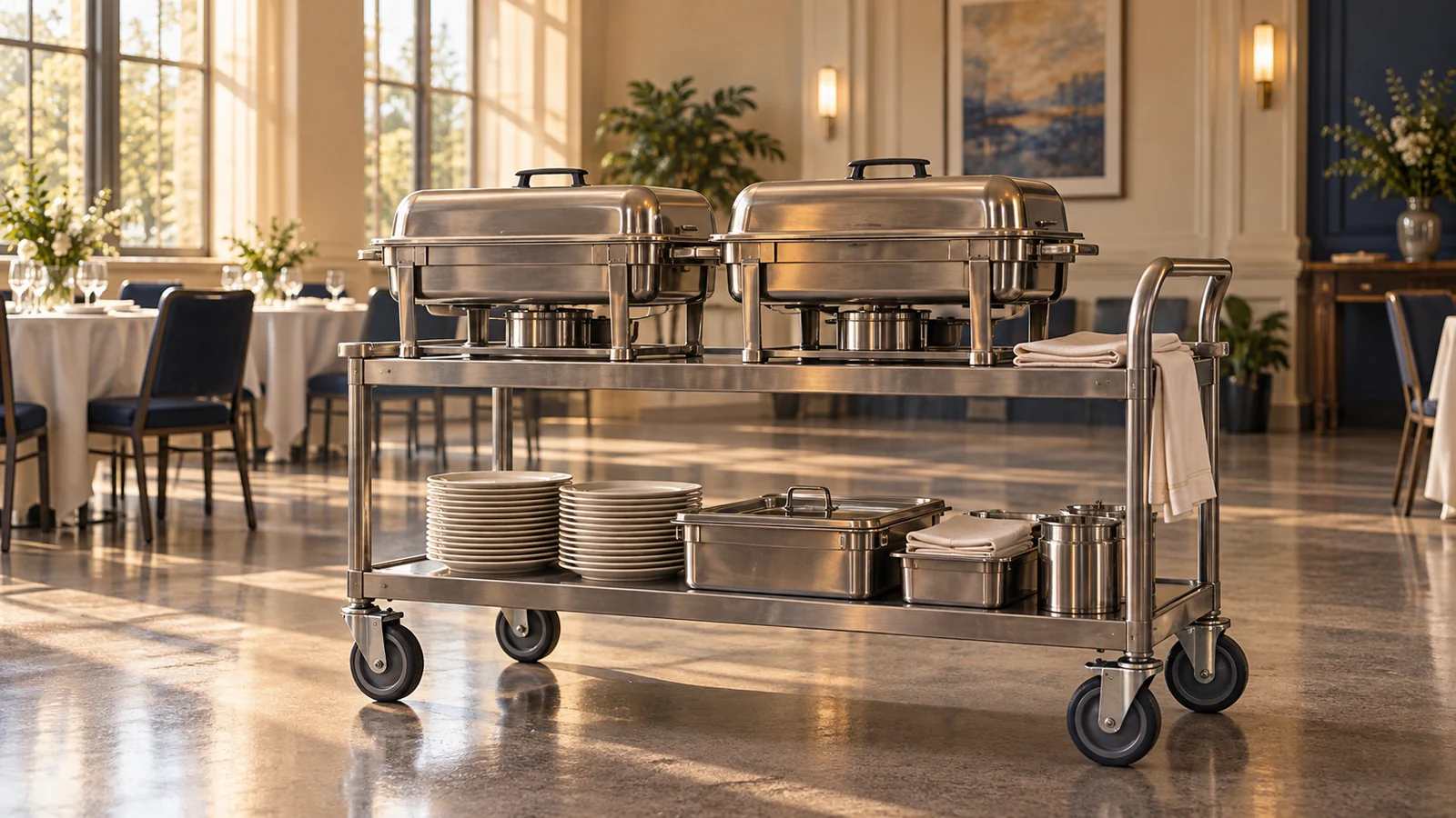 Stainless-steel catering cart with covered serving dishes and stacked plates in an empty banquet room.