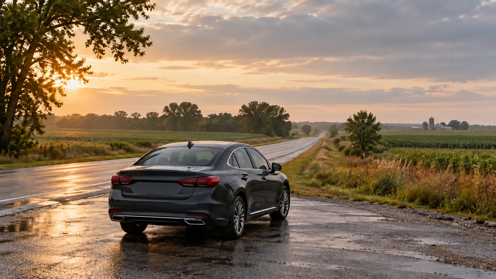 Charcoal sedan beside a rural road after rain, with warm light across nearby fields