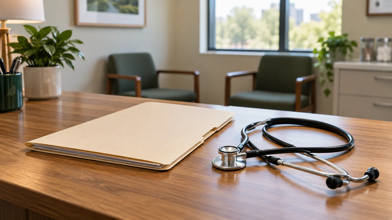 Closed medical chart and stethoscope in an empty consultation room
