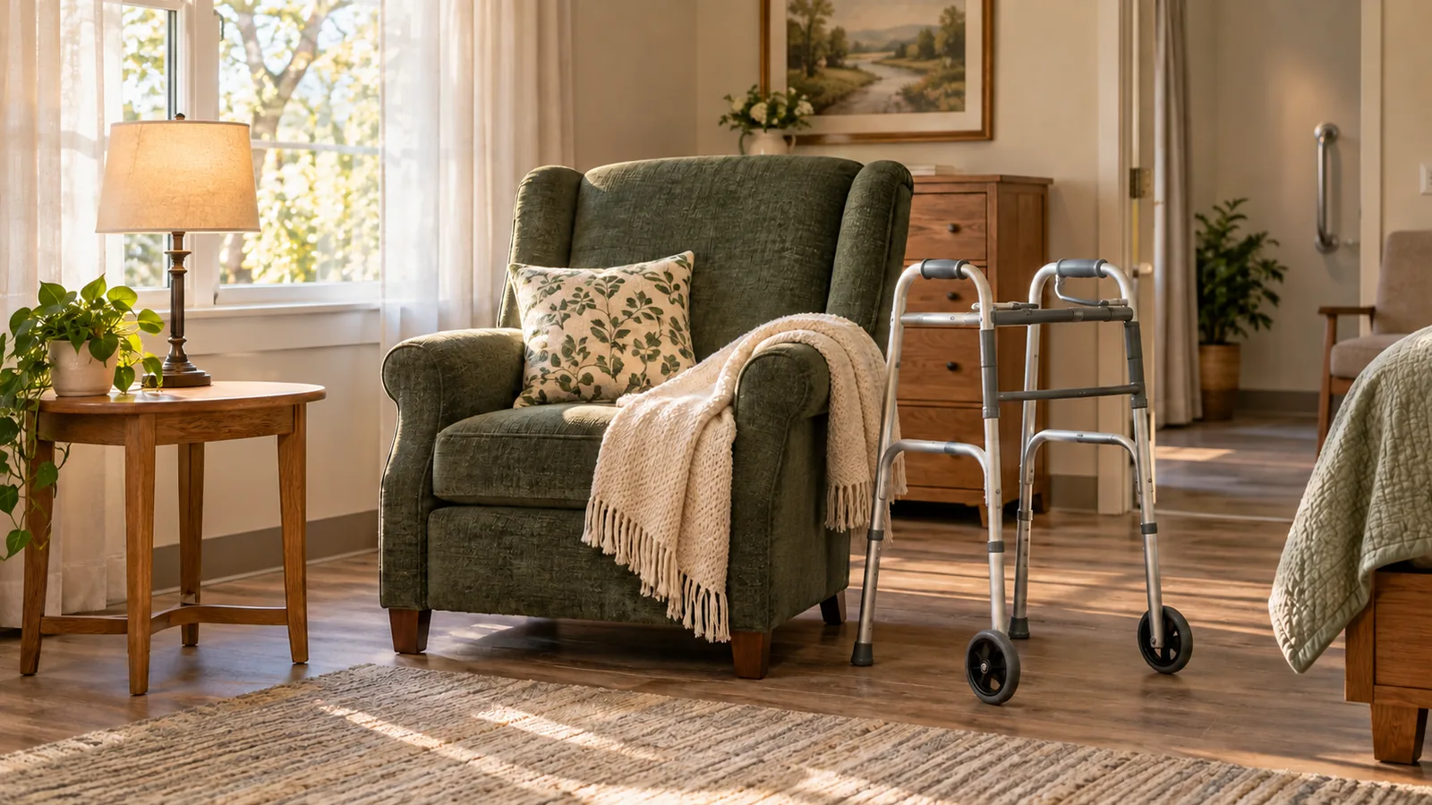 Green armchair and walking frame in a sunlit residential care room