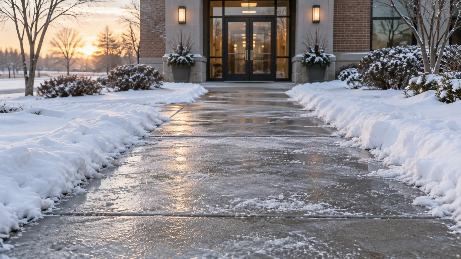 A thin layer of ice glistens on a concrete walkway bordered by snow near a building entrance.