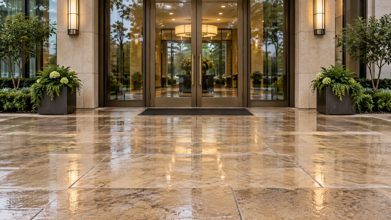 Rainwater reflects morning light on stone tiles outside a quiet commercial entrance.