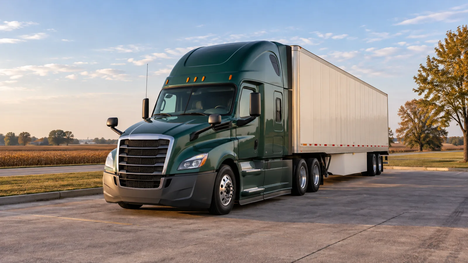 An unmarked dark green tractor-trailer is parked in a paved turnout beside open farmland.