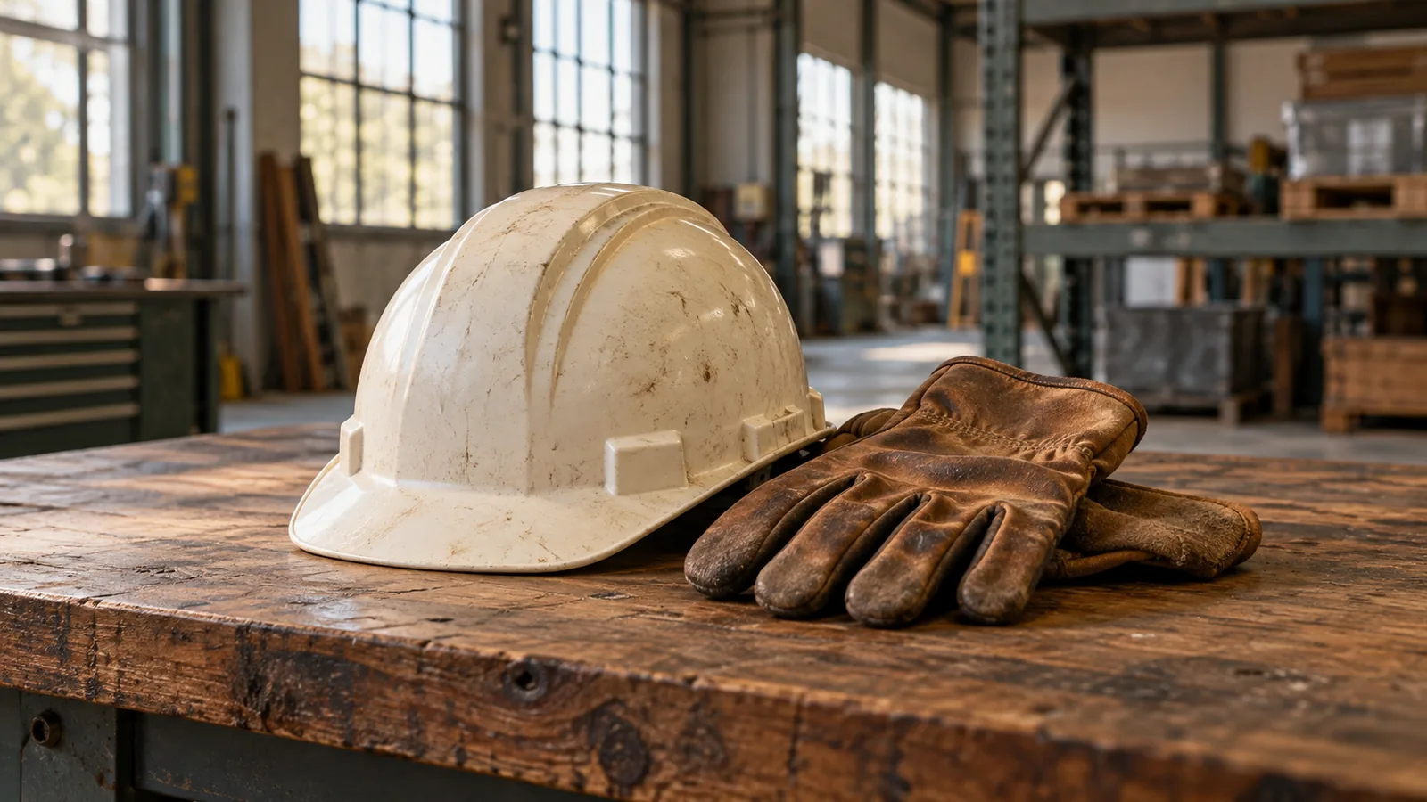 A cream safety hardhat and brown leather work gloves rest on a workbench in an empty workshop.