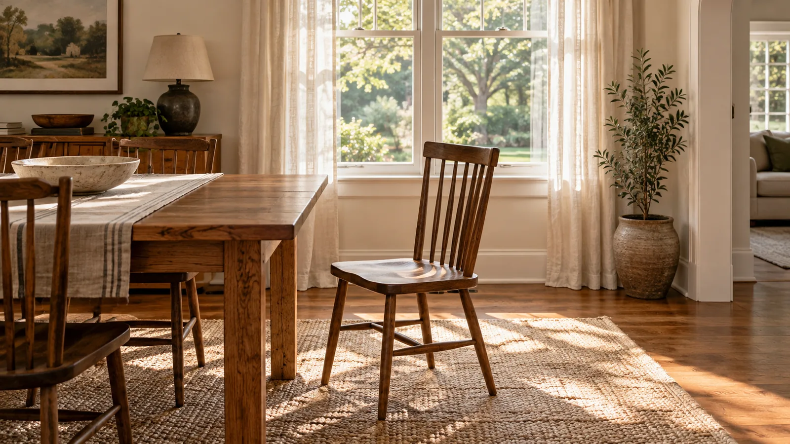 Empty wooden chair beside a dining table in a sunlit home